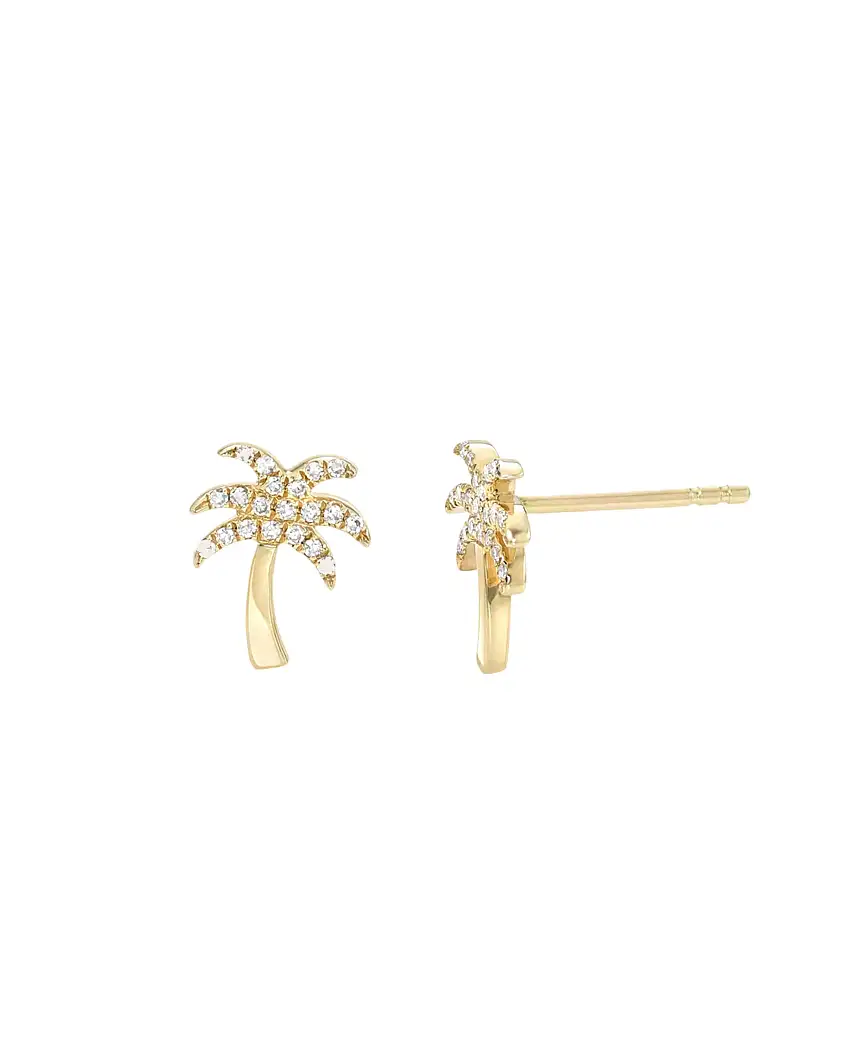 14k Gold Diamond Palm Tree Stud Earrings
