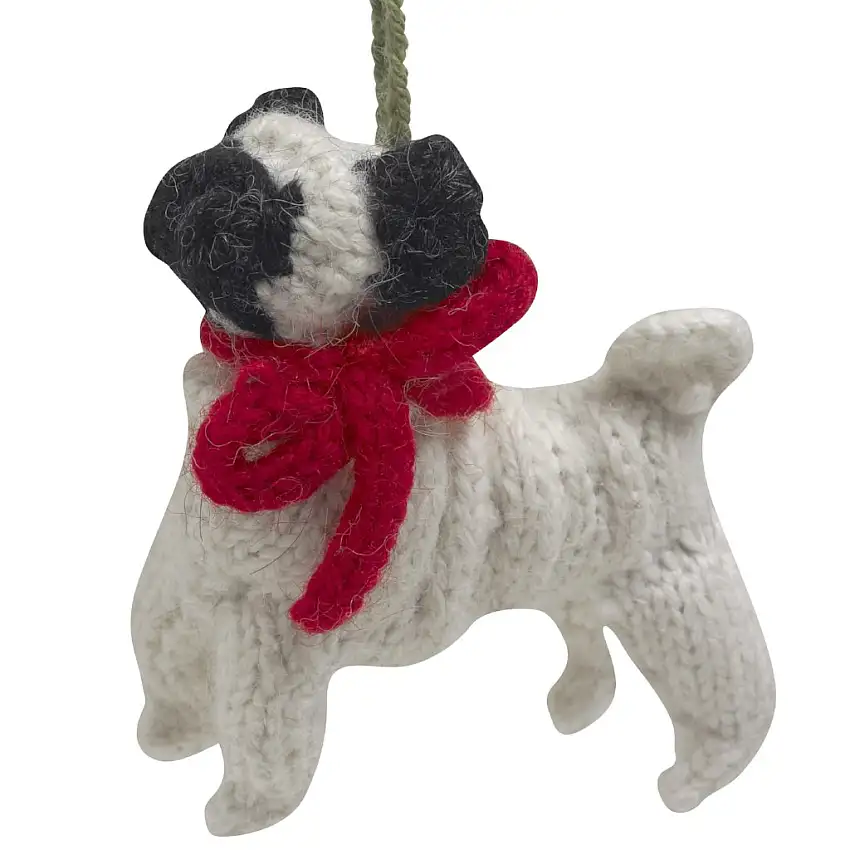 Hand Knit Alpaca Wool Christmas Ornament - Pug Dog