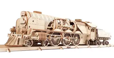 UGEARS - V-Express Steam Train with Tender - 3-D Wooden Puzzle - Mechanical Model Kit (UTG0045)