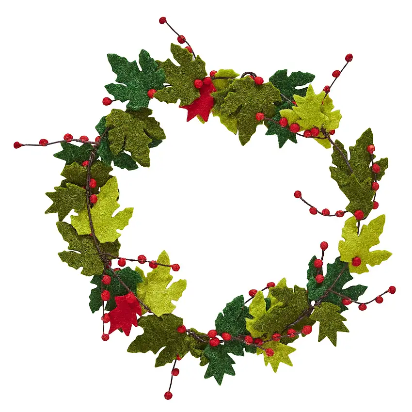 Maple Leaf Wreath With Berries In Hand Felted Wool - 12"