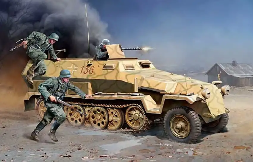 WWII German SdKfz 251/1 Ausf C Halftrack w/3 Infantry Figures