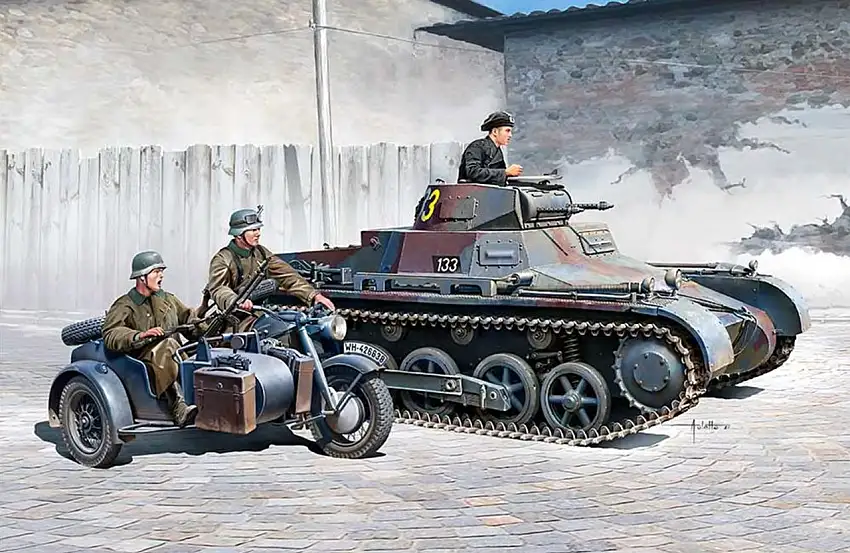 German Panzer I Ausf B & Sidecar Motorcycle w/3 Figures 1/35 Academy