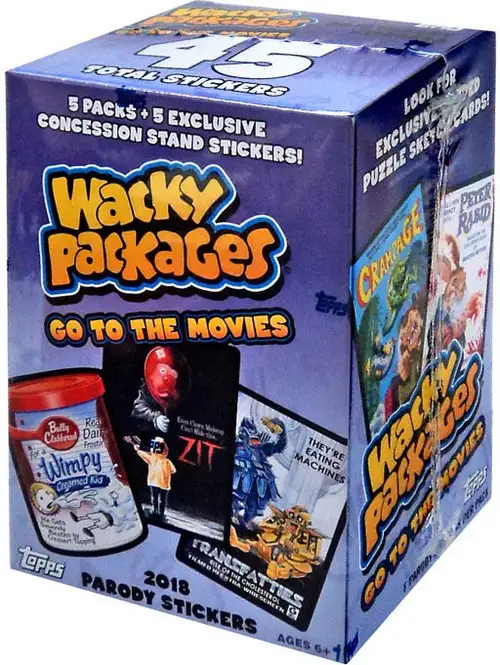 Wacky Packages Topps 2018 Go to the Movies Trading Card Sticker BLASTER Box [5 Packs + 5 Exclusive Concession Stand Stickers]