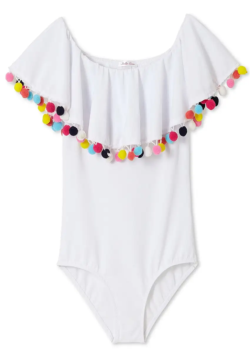 White Swimsuit With Pom Poms