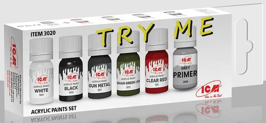Acrylic Paint Set for Plastic Model Kits (5 Colors 12ml Bottles & Primer 17ml) ICM Models
