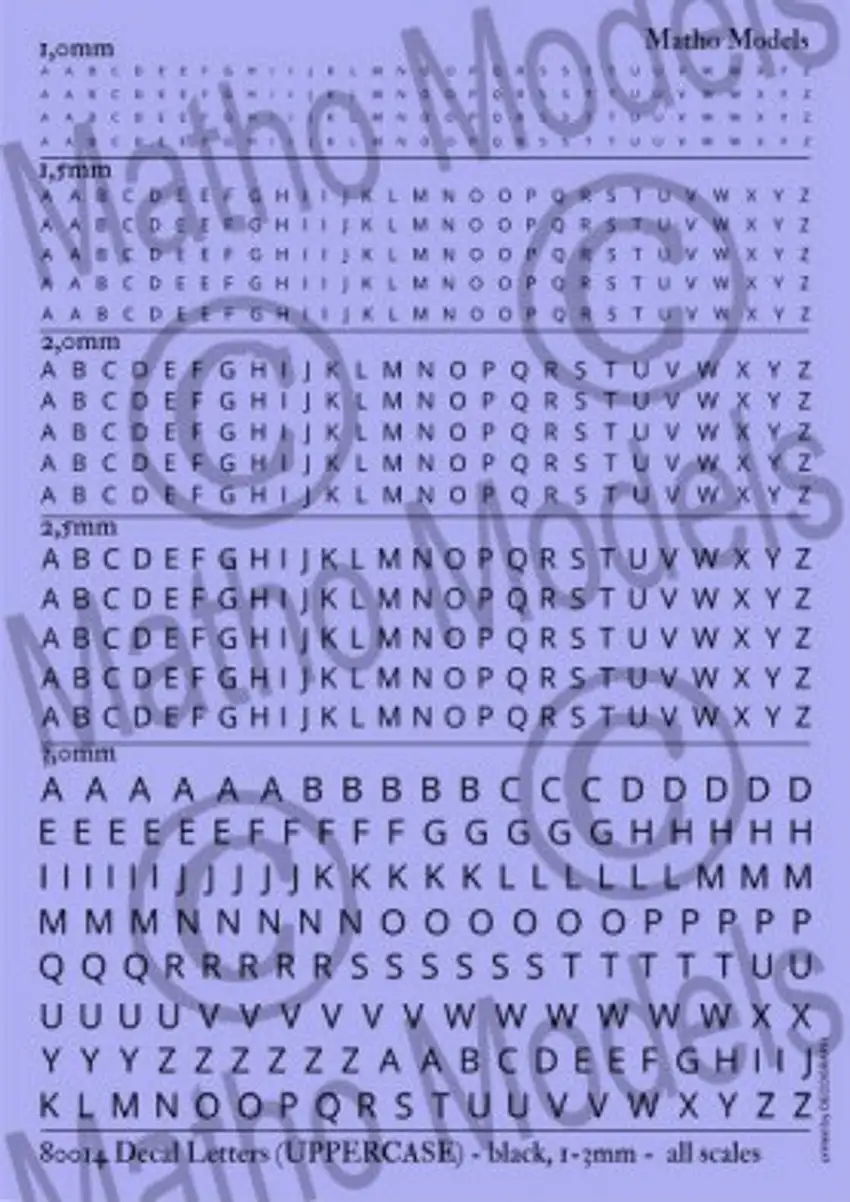 Multi-Scale Black Upper Case 1-3mm Letters Decal Matho Models