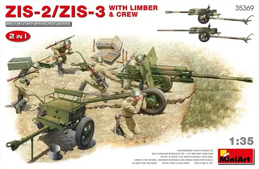 WWII ZIS2/3 Gun w/Limber, 5 Crew, Ammo Boxes & Weapons (2 in 1) 1/35 Miniart