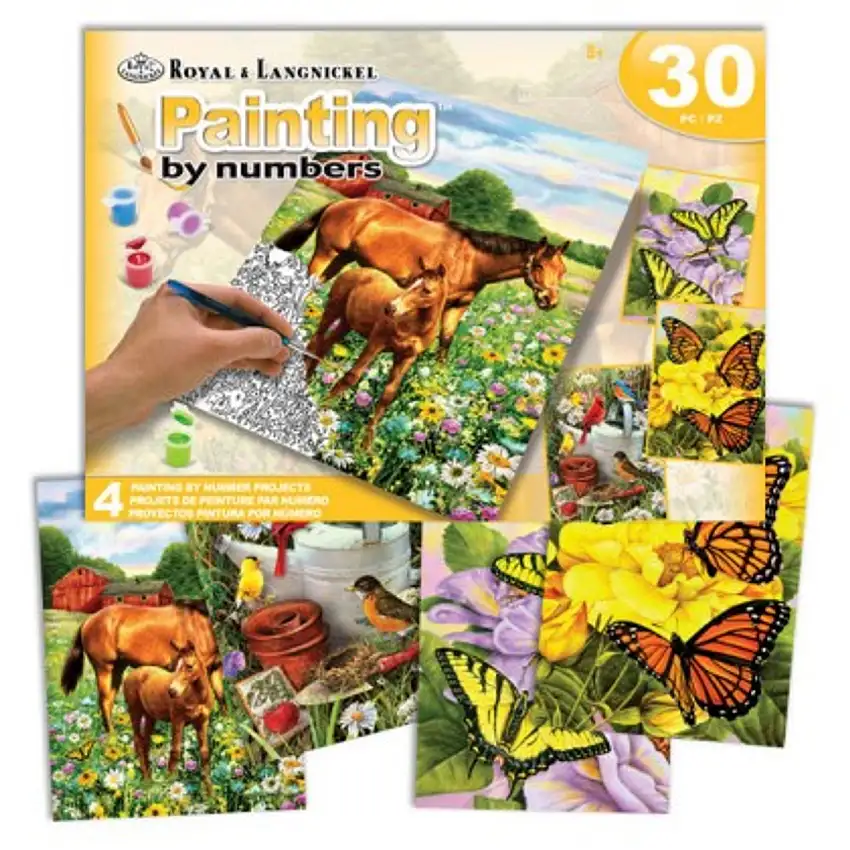 Outdoor Life (Horses, Birds, Butterflies) Paint by Number 24pc Activity Set (4 Projects) Age 8+ (8"x10") Royal & Langnickel