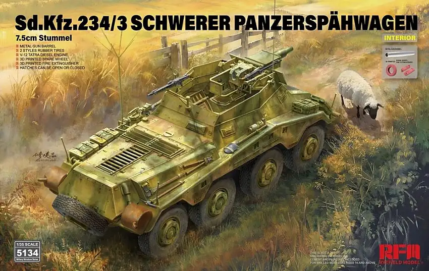 SdKfz 234/3 Schwerer Panzerspahwagen 7.5cm Stummel Armored Vehicle 1/35 Rye Field Models