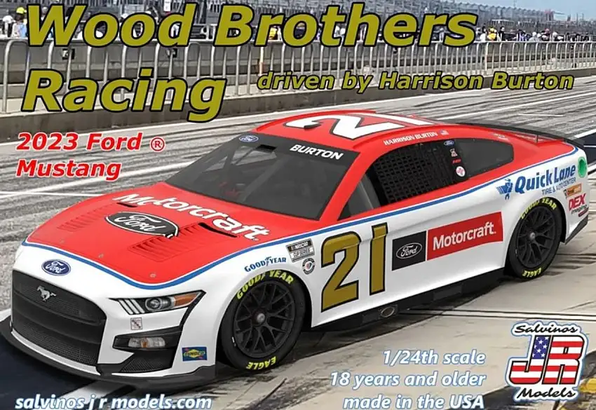 Wood Brothers Racing Harrison Burton 2023 NASCAR Ford Mustang Race Car (Primary Livery) 1/24 Salvinos JR